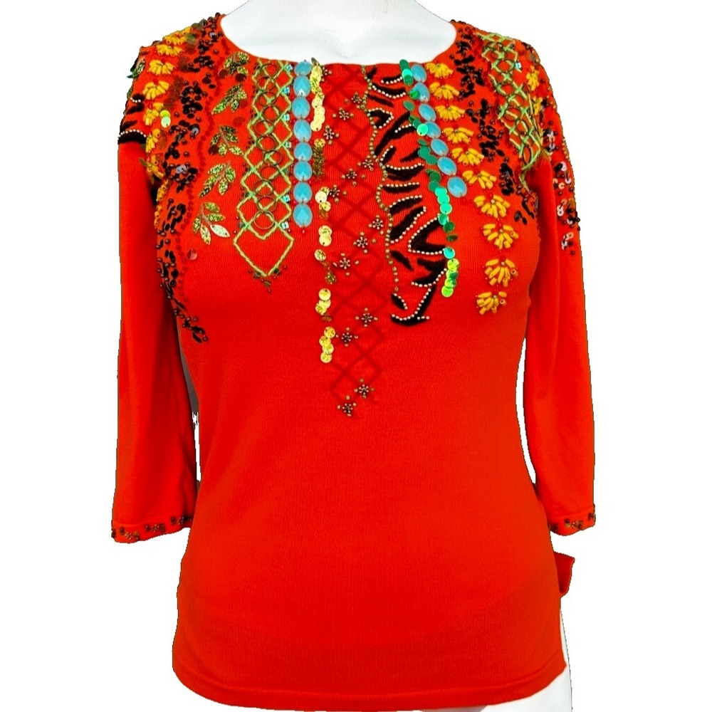Just B Top Womens S Orange Beaded Sequin‎ Embroidered 3/4 Sleeve Whimsy Boho